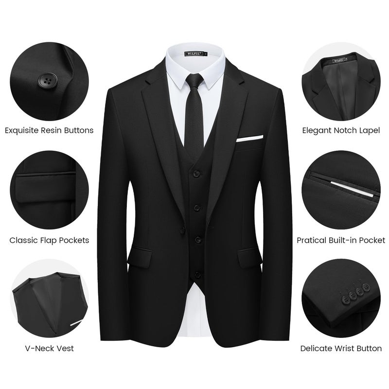 WULFUL Menâ€™s Slim Fit Suit One Button 3-Piece Blazer Dress Business Wedding Party Jacket Vest & Pant Black - Image 5